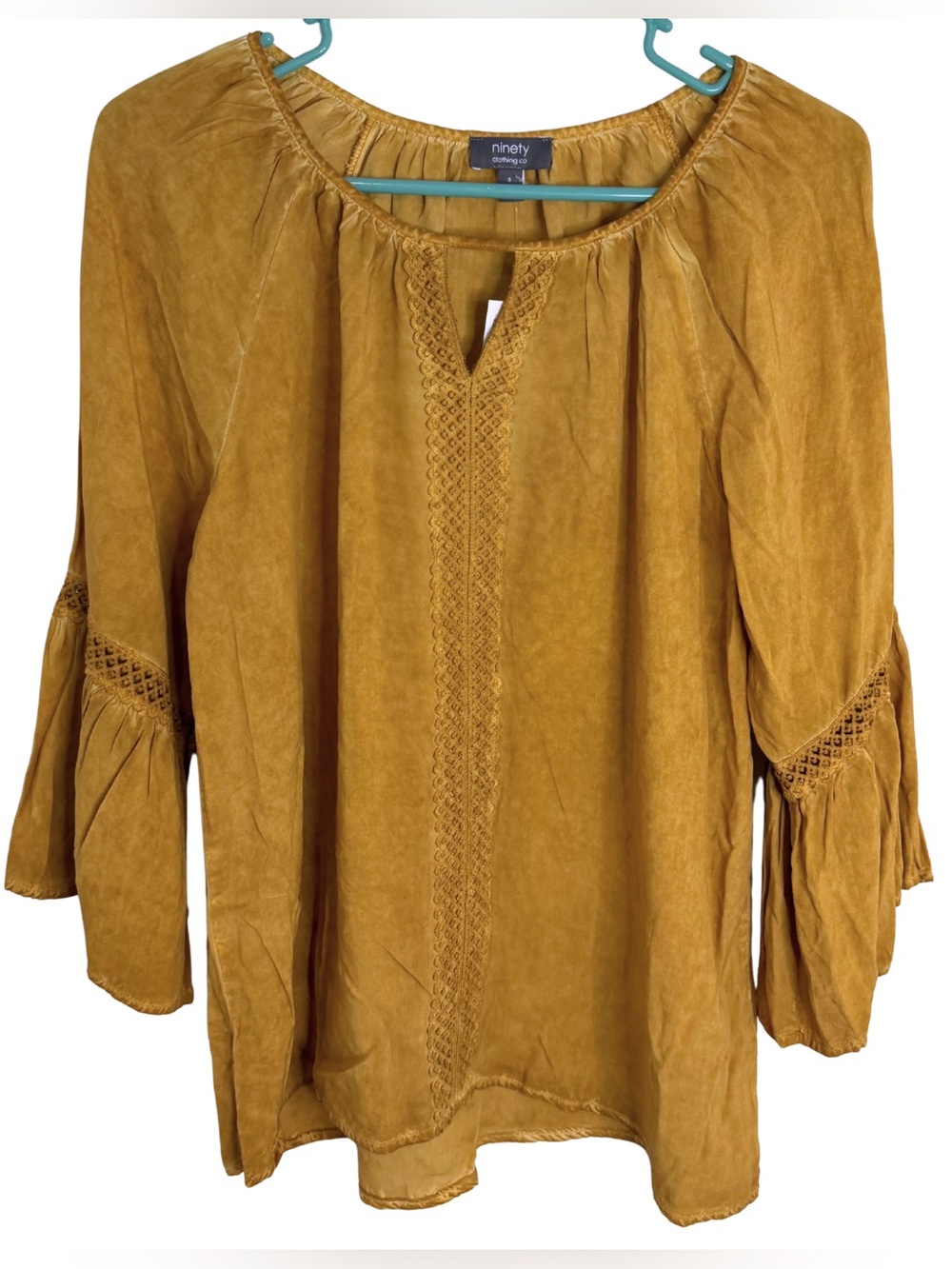 3/$20 Ninety Dark Mustard Yellow Lace Trim 3/4 Sleeve Peasant Blouse Size Small